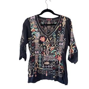 Johnny Was Seeroon  Embroidered V Neck 3/4 Sleeve Tunic Top Black XS Boho